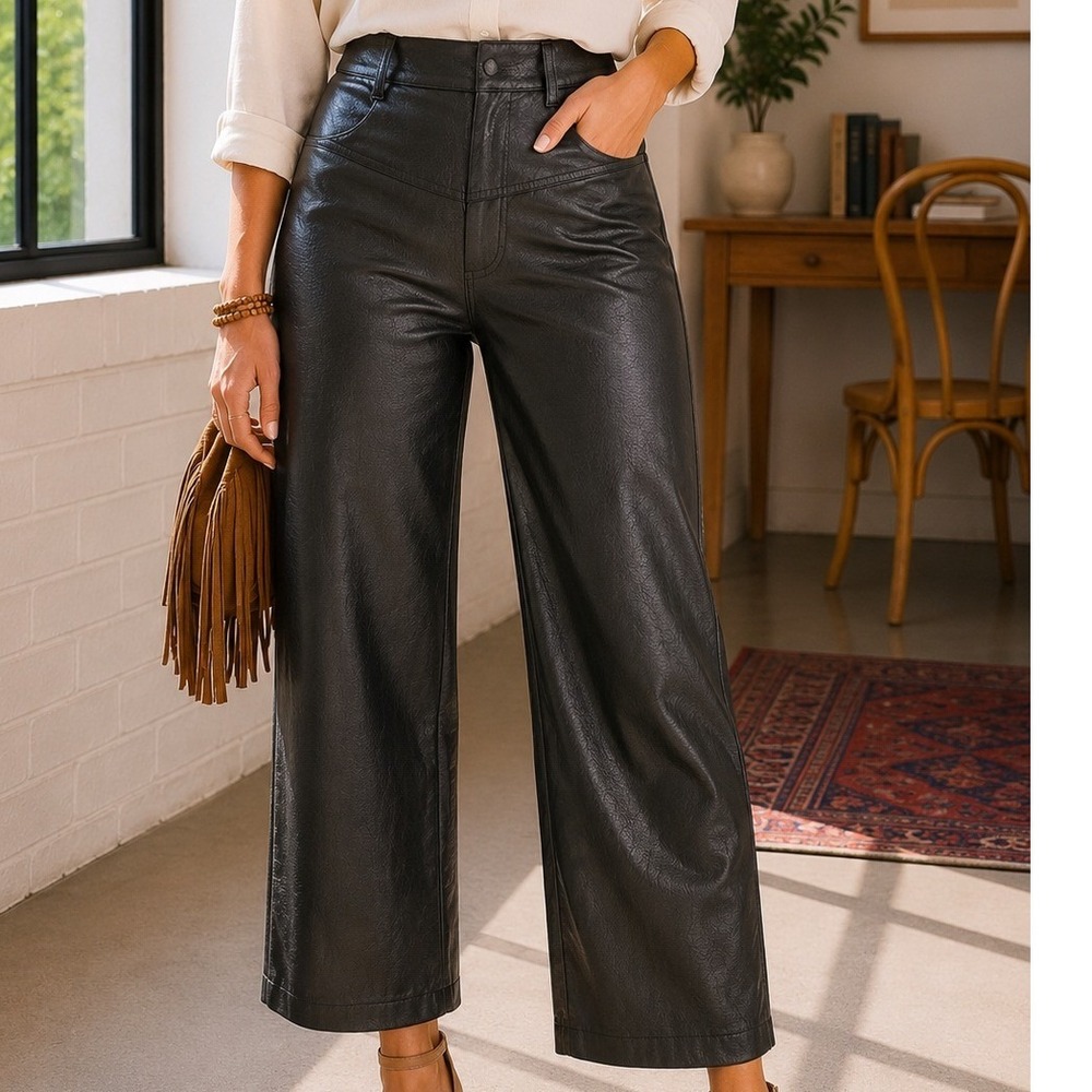 Black Faux Leather Wide Leg Cropped Pants High Waisted Textured Trousers Womens
